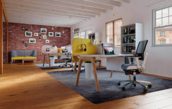 nowoczesne duże biuro z drewnianą podłoga z eleganckimi biało drewnianymi biurkami