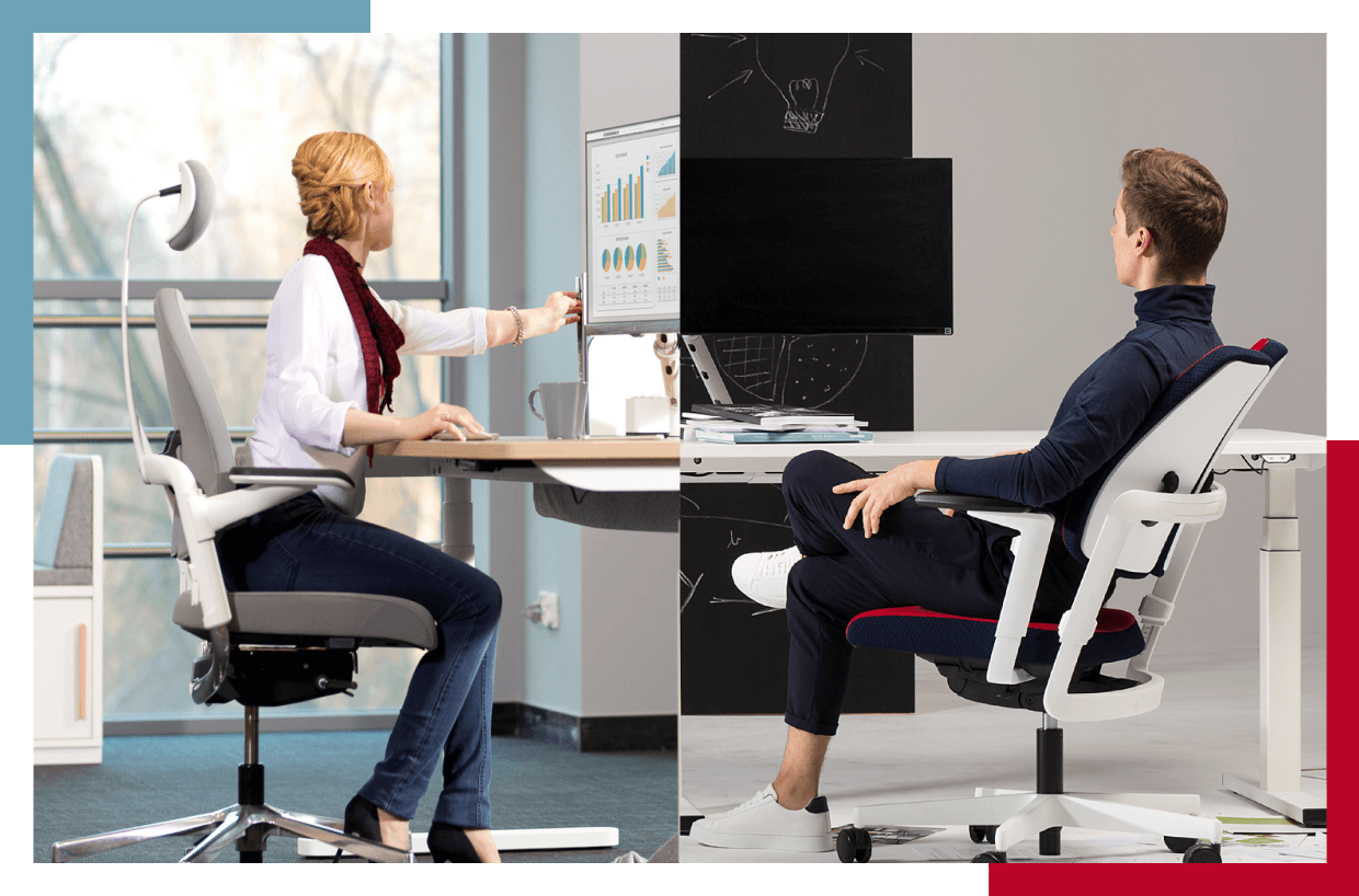 połączenie dwóch zdjęć pracowników przy nowoczesnych ergonomicznych miejscach pracy